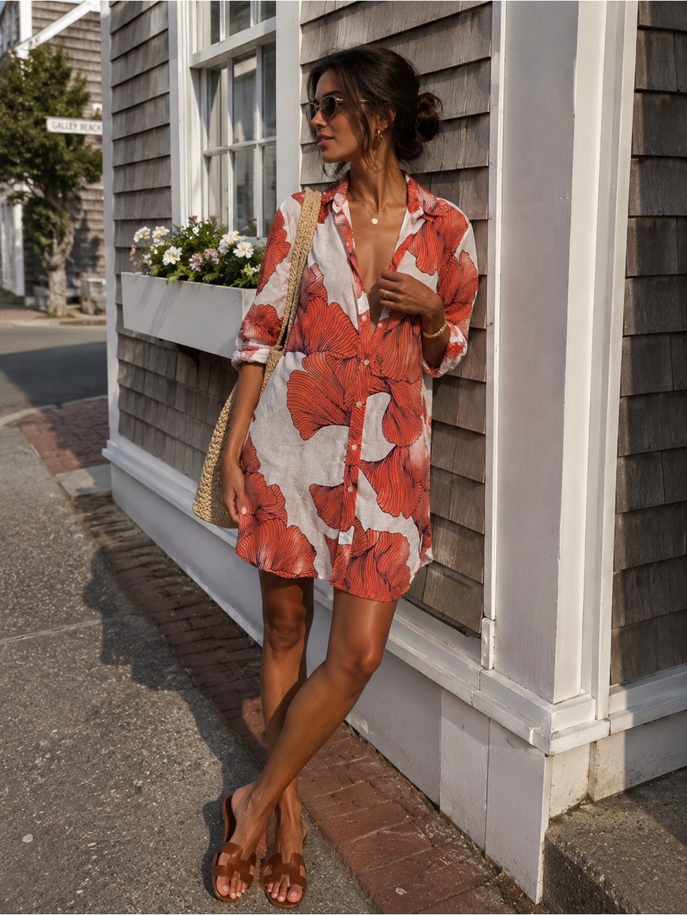 Emily Phillips Nashville 100% Linen Floral Shirt Dress USA Made L Resort Coastal